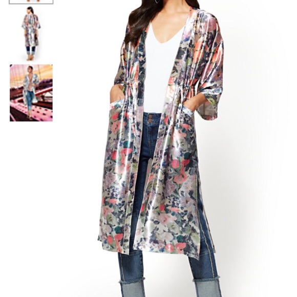 floral 3/4 sleeve long duster lightweight jacket S - Picture 2 of 6